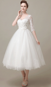 Retro inspired Long Sleeved Lace Wedding Dress Tea Length,Pinup Rockabilly Style Bridal Gown,20081801-Dolly Gown